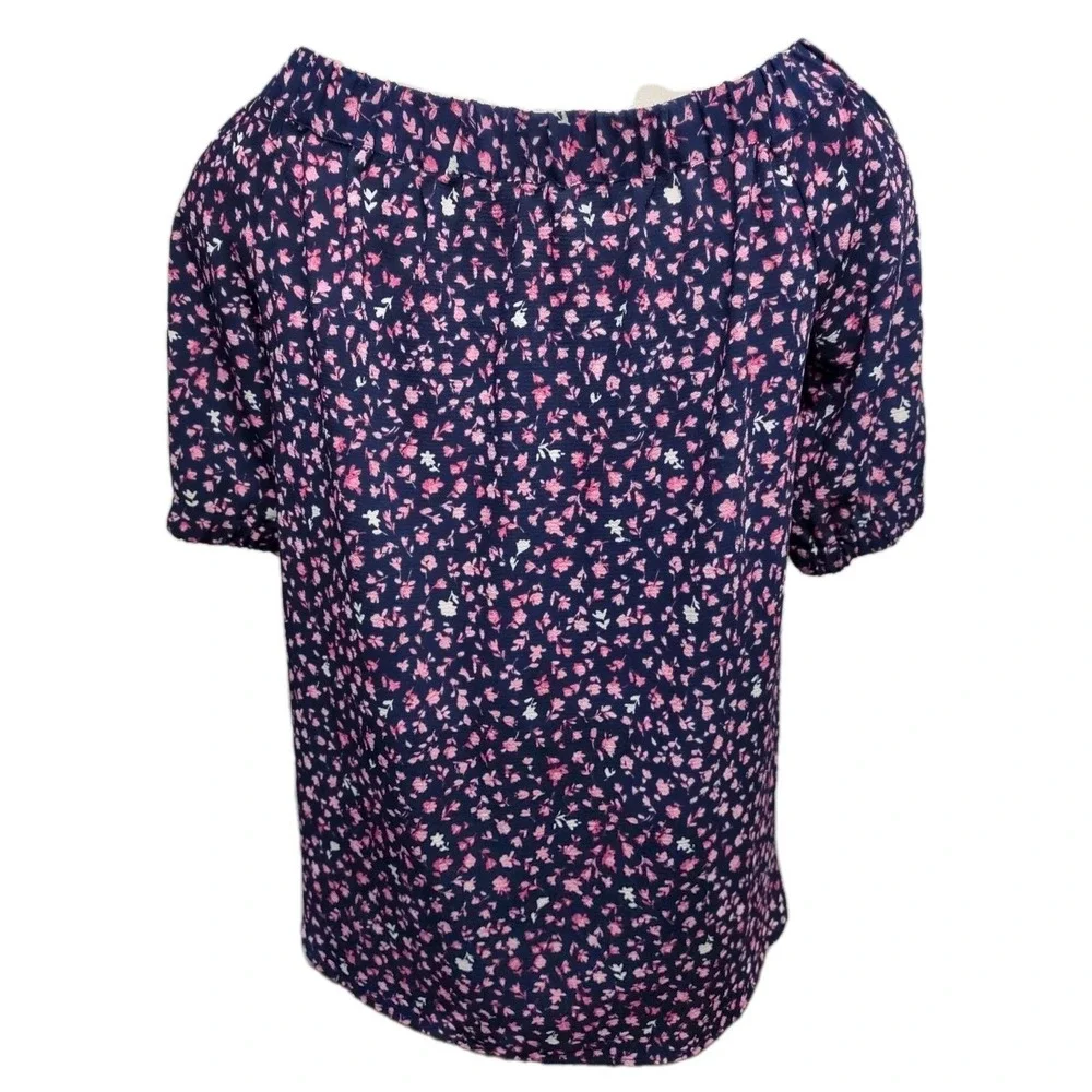 Michael Kors Blouse Women's Size L Short Sleeve Elastic Collar Navy Blue Floral
